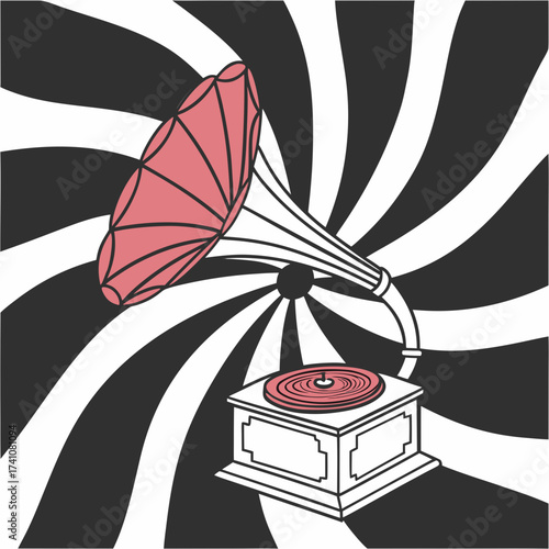 Vintage gramophone with pink horn on radial black and white background
