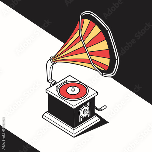 Vintage gramophone with red and yellow horn on black and white background