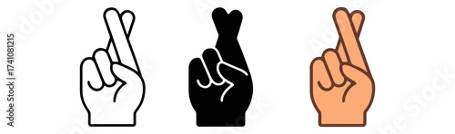 Diverse fingers crossed icons in outline, silhouette, and color styles