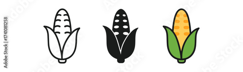 Corn icons set: outline, silhouette, and colorful flat designs