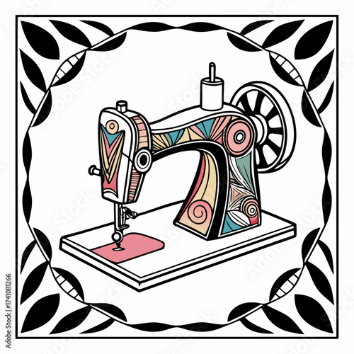Vintage sewing machine with colorful patterned body