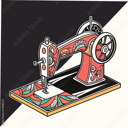 Vintage sewing machine with ornate floral design retro