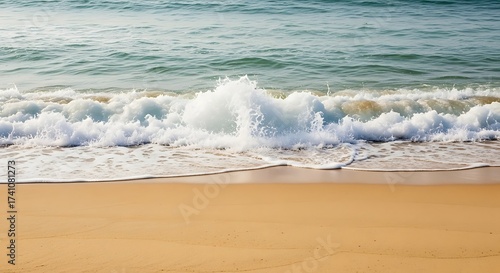Fototapeta Naklejka Na Ścianę i Meble -  Waves crashing on a sandy beach on a sunny day, creating sea foam