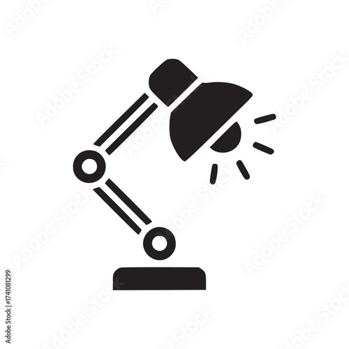 A simple illustration of a dark blue desk lamp with a light bulb on a white background space here