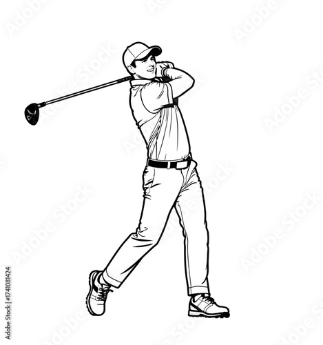 Golfer's Swing in Action, Focused and Determined