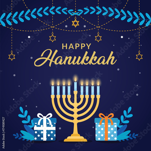 Happy Hanukkah greeting with menorah, gifts, and festive decorations
