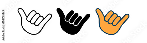 Set of three shaka hand gestures in outline, silhouette, and color style