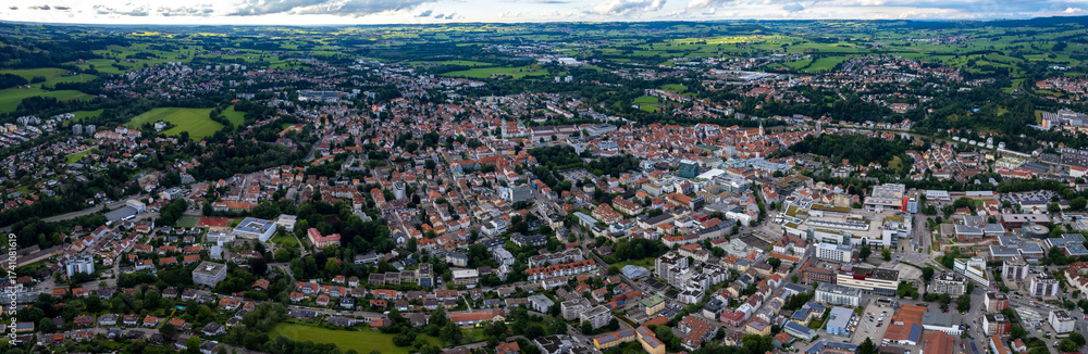 Obraz premium Aerial view around the old town of the city Kempten in Germany, Bavaria on a sunny spring day