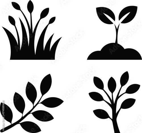 Black and white vector illustrations of various plants and greenery