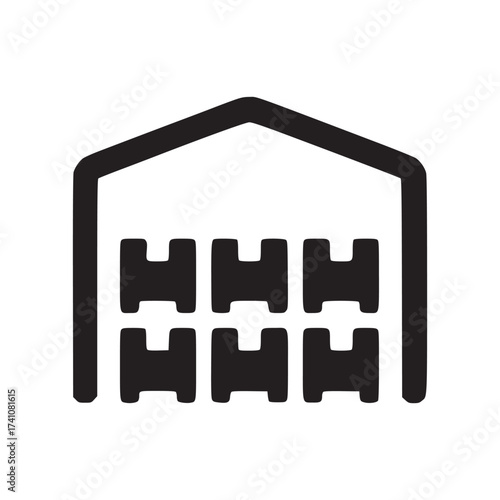 A simple dark blue icon of a warehouse with six pallets inside on a plain white background space for text