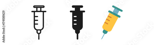 Syringe icons: medical tools in flat, outline, and filled styles