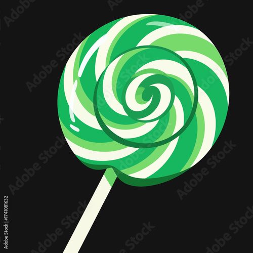 Green and White Swirl Lollipop on Black Background