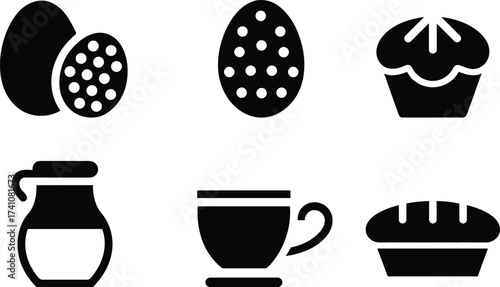 Black and white vector illustration of baked goods and beverages