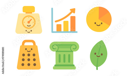 Adorable flat style icon set with smiling faces including chart and grater