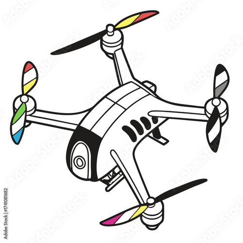 White quadcopter drone with colorful propeller tips