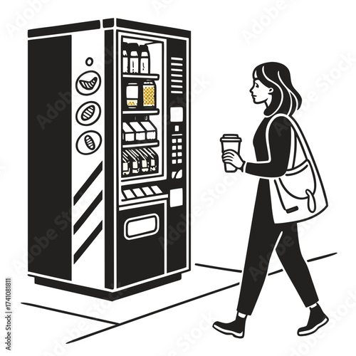 Woman with coffee cup walks past modern vending machine