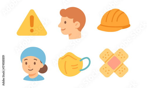 Safety and health icons: face masks, hard hat, caution sign, bandage, medical professionals