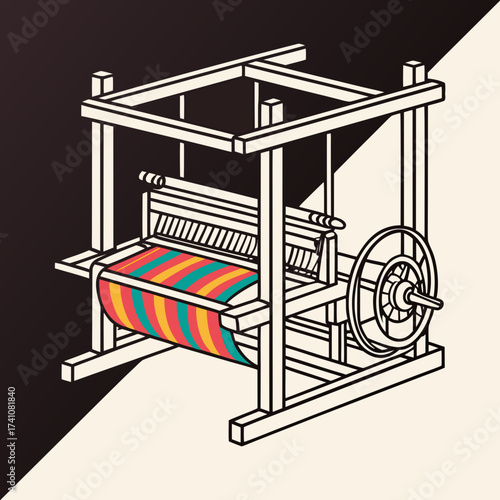 Wooden textile loom with colorful striped fabric weaving machine