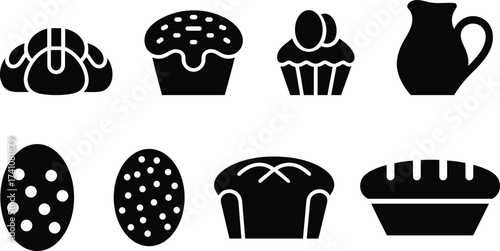 Collection of easter bakery items including eggs bread and sweets