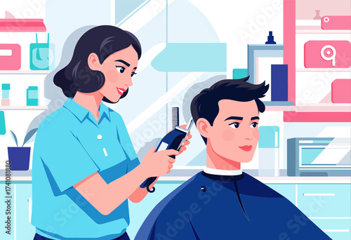 Haircut in Modern Salon with Happy Barber and Client