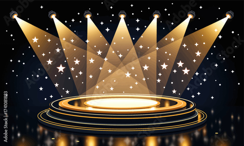 Golden Spotlight Stage with Stars and Glitter