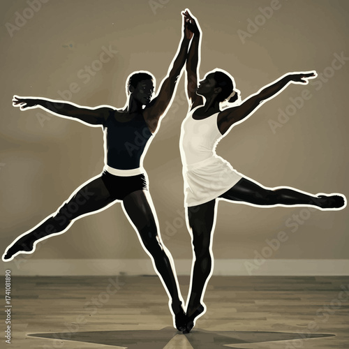 Graceful Ballet Dancers in Leotards, Mid-Pose, Wooden Floor, Studio Lighting, Serene Expression