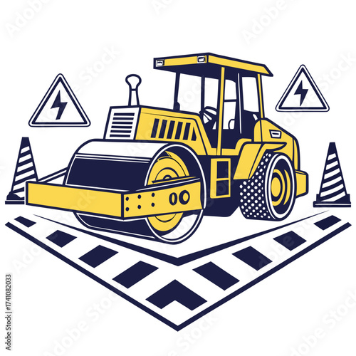 Yellow road roller machine with construction cones and signs