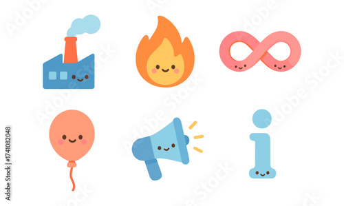 Cute kawaii icons: factory, flame, infinity, balloon, megaphone, information