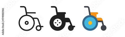 Minimalist wheelchair designs in flat, glyph, and colorful styles