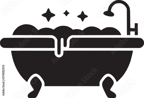 A black silhouette of a bathtub filled with bubbles and stars above it with a faucet attached side