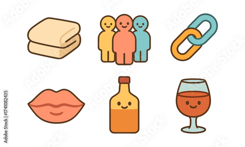 Colorful flat icons: community, beverage, links, lips, towels