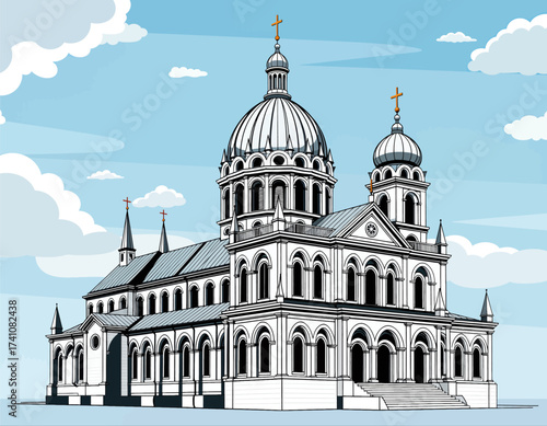 Grand Cathedral against Blue Sky with Crosses