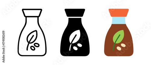 Minimalist icon set of sauce bottles with leaf designs in linear, solid, and color styles