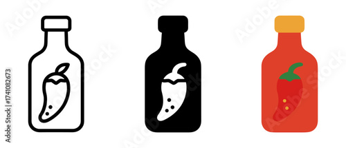 Variety of hot sauce bottle icons in outline, solid, and flat styles