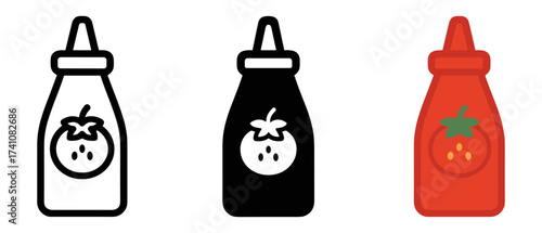 Ketchup bottle icons in minimalistic black, white, and color styles