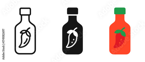 Set of sauce bottle icons in outline, solid, and colored styles with pepper design