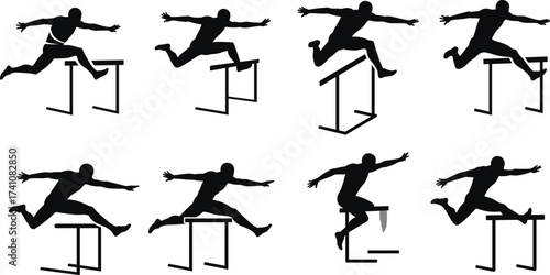 Athlete silhouette illustration, hurdle jump sequence, sports motion, dynamic pose, track and field, running action, fitness concept, training movement