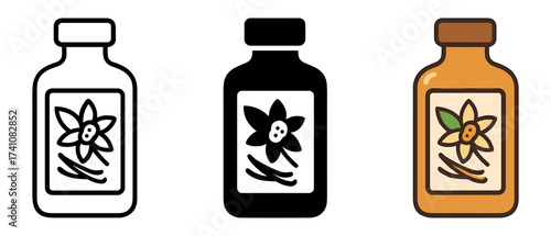 Vanilla extract bottle icons in outline, solid, and color styles