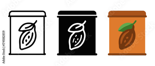 Cacao bean icons in linear, silhouette, and flat styles on containers