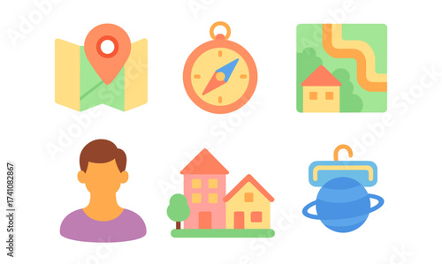 Colorful flat design icons: maps, navigation, real estate, user avatar, travel