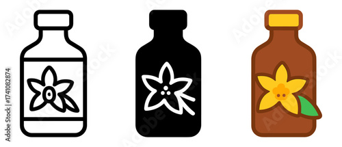 Bottle designs featuring vanilla flower icons in outline, solid, and flat styles