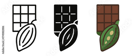 Stylized chocolate bar icons with cocoa pod in minimalist linear and filled styles