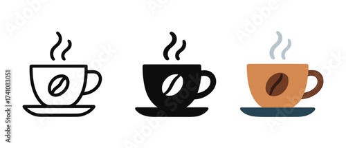 Minimalist coffee cup icons: trio of simple, colorful, and elegant designs