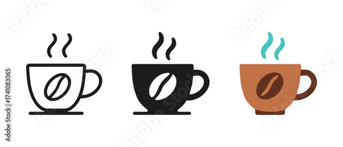 Set of coffee cup icons with steam in flat and outline styles