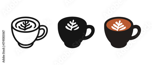 Minimal coffee mug icons featuring latte art in black and white styles