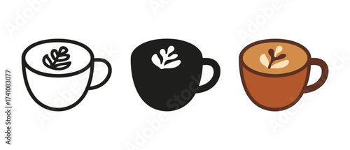 Trio of coffee cups with leaf art in line and color