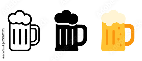 Set of three beer mug icons in flat style with foam