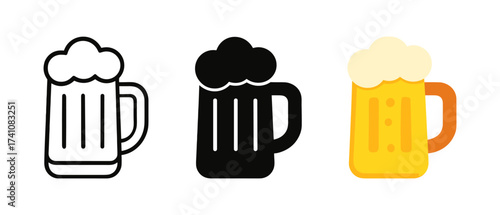 Three styles of beer mug icons: outline, solid, and colorful flat designs