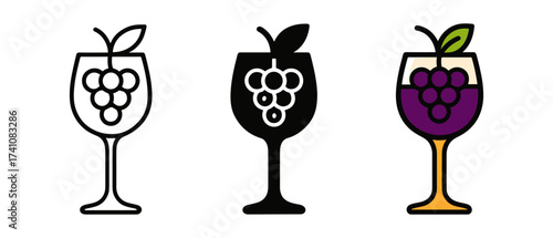 Wine glass trio featuring grapes: outline, silhouette, and colorful variants on white