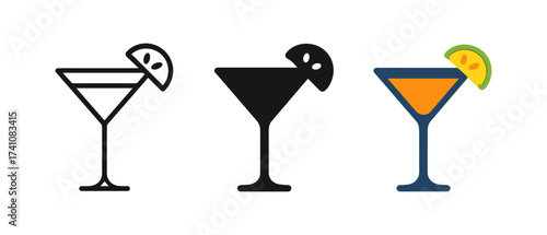 Trio of cocktail glasses with citrus garnish in minimalist, solid, and flat styles